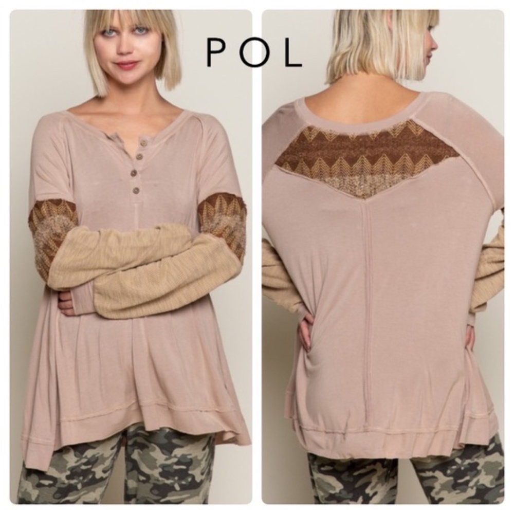 POL Mixed Media Almond knit top